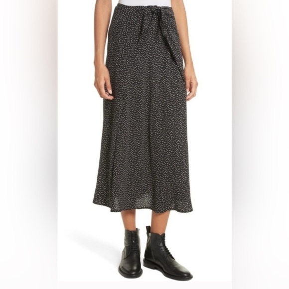 Vince Women's Size 6 Silk Black Celestial Polka Dot Wrap Tie Front Midi Skirt - Picture 12 of 16